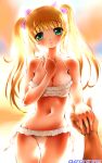  blonde_hair dr_rex frilled_bikini frills green_eyes hand_holding holding_hands long_hair original pov swimsuit twintails 