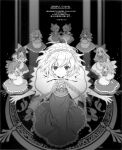  absurdres alice_margatroid an2a apron bow capelet crescent doll hair_bow hairband highres long_hair long_sleeves monochrome open_mouth outstretched_arms sash short_hair smile touhou 