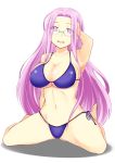  arm_up armpits bikini blue_bikini breasts cleavage fate/stay_night fate_(series) glasses hand_on_head large_breasts long_hair open_mouth purple_hair rider simple_background sitting smile solo swimsuit very_long_hair wariza white_background zanku 