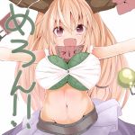  blonde_hair breast_padding fang food fruit horn_bow horns ibuki_suika karasawa-40 long_hair melon midriff navel open_mouth outstretched_arms red_eyes smile solo stomach touhou translated white_background 