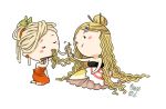  2girls bare_arms blonde_hair blush_stickers chibi chopsticks closed_eyes dress earrings eating eyes_closed food food_themed_clothes fork hair_as_food hair_bun hair_ornament hair_stick hairclip jewelry leaf long_hair lowres meago multiple_girls naruto_(food) noodles orange_dress original personification siblings signature sisters sitting spaghetti strapless_dress very_long_hair wavy_hair white_background 