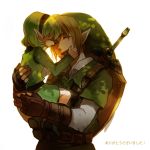  carrying gloves green_hair hairband hat link ocarina_of_time pointy_ears saria shield size_difference smile sword takagi_(0takagi0) the_legend_of_zelda weapon 