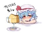  blue_hair blush drooling green_eyes hand_on_own_face hat hat_ribbon pudding red_eyes remilia_scarlet ribbon short_hair simple_background solo touhou translated translation_request uguisu_(happy_turn) white_background 