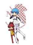  ayanami_rei ayanami_rei_(cosplay) blue_eyes blue_hair blush color_connection cosplay hair_ornament hairpin leaf lirix long_hair mahou_shoujo_madoka_magica miki_sayaka multiple_girls neon_genesis_evangelion nerv plugsuit pointing ponytail rebuild_of_evangelion red_eyes red_hair redhead sakura_kyouko shikinami_asuka_langley_(cosplay) short_hair smile soryu_asuka_langley soryu_asuka_langley_(cosplay) souryuu_asuka_langley souryuu_asuka_langley_(cosplay) white_background 