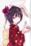  absurdres animal_ears black_hair bunny bunny_ears flower hair_flower hair_ornament highres holding inaba_tewi japanese_clothes kimono kiran looking_at_viewer rabbit rabbit_ears red_eyes scan short_hair solo touhou 