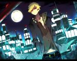 belt blonde_hair city city_lights full_moon highres hoodie kano_(kagerou_project) male midriff momomosae moon navel night red_eyes short_hair solo vocaloid yobanashi_deceive_(vocaloid) 