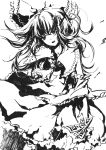  between_fingers bow floating_hair hair_bow hair_tubes hakurei_reimu high_contrast highres long_hair monochrome ofuda open_mouth ritz_(h322) solo touhou traditional_media 
