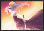  absurdres bow hair_bow highres long_hair open_mouth ponytail puffy_sleeves purple_eyes purple_hair scan short_sleeves solo sword tokiame touhou violet_eyes watatsuki_no_yorihime weapon 