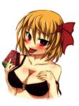  bikini black_bikini blonde_hair blush breasts bust doyouwantto fang food fruit hair_ribbon hand_on_own_chest highres large_breasts o-ring_bikini o-ring_top off_shoulder red_eyes ribbon rumia short_hair solo swimsuit tongue tongue_out touhou watermelon white_background 