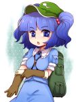  :o bag blue_eyes blue_hair blush gloves hair_bobbles hair_ornament hat kawashiro_nitori key kty_(04) looking_at_viewer open_mouth short_hair sleeves_rolled_up solo touhou twintails 
