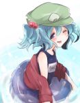  alternate_costume bad_id blue_eyes blue_hair hair_bobbles hair_ornament hat kawashiro_nitori one-piece_swimsuit pikojirokurao school_swimsuit solo swimsuit tongue touhou twintails wink 