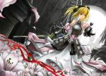  armor armored_dress bare_shoulders blonde_hair cross_akiha fate/unlimited_codes fate_(series) gauntlets green_eyes highres ponytail saber saber_lily solo sword weapon 