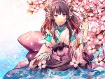  black_hair cherry_blossoms japanese_clothes kimono long_hair looking_at_viewer original petals red_eyes solo suou_sakura vocaloid vy1 water 