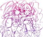  2girls :d arm_around_shoulder cure_melody cure_peach fresh_precure! houjou_hibiki long_hair midriff momozono_love monochrome multiple_girls nakagawa_besu navel open_mouth precure simple_background sketch smile suite_precure twintails v wink 