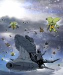  80s cannon cloud clouds epic fantasy fleet flying insect_wings mecha mountain oldschool science_fiction seisenshi_dunbine shijou_yukimasa space_craft star_(sky) wings 