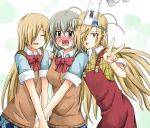  2girls :p binbougami_ga! blonde_hair blush bowtie cast closed_eyes dress dual_persona eyes_closed green_eyes hair_over_one_eye long_hair messy_hair miniskirt momiji_(binbougami_ga!) multiple_girls open_mouth pose red_dress sakura_ichiko school_uniform short_hair silver_hair skirt smile standing sweater_vest tongue triangular_headpiece v yellow_eyes youyan 