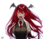  :d ^_^ bat_wings blush bust closed_eyes colored_eyelashes dress_shirt eyelashes eyes_closed head_wings koakuma kyon_(fuuran) lips lipstick long_hair long_sleeves makeup necktie open_mouth puffy_sleeves red_hair redhead shirt signature simple_background smile solo touhou vest white_background white_shirt wings yukimi_dango 