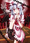  ascot bat_wings blue_hair blush boots chain chains cross finger_to_mouth hat highres knife leg_up open_mouth puffy_sleeves remilia_scarlet short_hair short_sleeves sitting solo touhou wings youka_(gensou_kyoudan) 