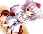  animal_ears cleavage grey_hair hat inubashiri_momiji japanese_clothes red_eyes short_hair tail touhou wolfgirl 