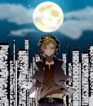  1boy belt blonde_hair building city city_skyline cloud colored_eyelashes full_moon glowing glowing_eyes highres hoodie kano_(kagerou_project) looking_at_viewer male midriff moon navel night red_eyes ri-rihoo short_hair skyscraper smile solo star_(sky) vocaloid yobanashi_deceive_(vocaloid) 