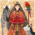  animal bangs bird blunt_bangs bou_nin brown_eyes brown_hair dog highres jewelry long_hair macaw necklace original parrot parted_lips poncho red-and-green_macaw very_long_hair zebra 