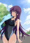  bakemonogatari bakemonogatari1 blue_eyes competition_swimsuit highres long_hair monogatari_(series) one-piece_swimsuit purple_hair senjougahara_hitagi swimsuit towel 