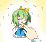  bow chibi closed_eyes daiyousei emyu eyes_closed fujishiro_emyu green_hair hair_bow hands lowres open_mouth short_hair side_ponytail simple_background smile solo touhou wings 