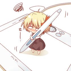  blonde_hair blush chibi hair_ribbon kousa_(black_tea) minigirl o_o ribbon rumia short_hair solo tablet tablet_pen tears touhou 