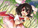  alternate_costume animal_ears bamboo brown_hair bunny_ears hakiata inaba_tewi microphone open_mouth puffy_sleeves rabbit_ears red_eyes short_hair short_sleeves solo touhou wristband 