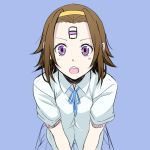  1girl :o blue_background brown_hair chitanda_eru company_connection foreshortening hairband hamada_youho hyouka k-on! leaning_forward looking_at_viewer open_mouth purple_eyes ribbon satou_satomi school_uniform seiyuu_connection short_hair simple_background sketch solo tainaka_ritsu violet_eyes 