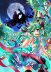  floating_hair full_moon green_eyes green_hair hatsune_miku headset kingchenxi leaf long_hair moon open_mouth skirt sky star_(sky) starry_sky thigh-highs thighhighs very_long_hair vocaloid 