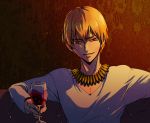  blonde_hair bracelet cup fate/zero fate_(series) gilgamesh jewelry male mya_ki necklace red_eyes solo wine wine_glass 