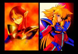  armor blonde_hair bodysuit drill_hair elf hair_over_one_eye iczer-1 iczer-2 iczer_(series) long_hair multiple_girls orange_background payot pointy_ears red_eyes red_hair redhead rf400rv serious siblings sisters tatakae!!_iczer-1 