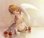  aka_tonbo_(lovetow) angel apple blonde_hair dress food fruit green_eyes looking_at_viewer original short_hair sitting solo sunlight white_wings wings 