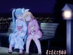  bench blonde_hair green_hair hair_ornament hair_ribbon hairclip hatsune_miku japanese_clothes kagamine_rin kimono long_hair multiple_girls ribbon short_hair sitting sleeping tadahama twintails vocaloid 