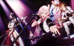  blonde_hair blush brown_eyes brown_hair drums guilty_crown guitar instrument kuhouin_arisa long_hair menjou_hare microphone piano pink_hair ponytail red_eyes scan shinomiya_ayase thigh-highs tsugumi twintails yuzuriha_inori 