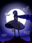  blue_eyes blue_hair dress full_moon hair_ornament hairclip moon night night_sky pixiv_azriel power_lines scarf short_hair side_glance sky smile socks solo sora_no_amagumo staff thigh-highs yumeshima_kanata 