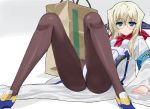  armband black_legwear blonde_hair blue_eyes bodysuit ear_covers elf elf_ears female glasses kusaka_souji kyoukai_senjou_no_horizon long_hair pantyhose pointy_ears solo spread_legs thomas_shakespear thomas_shakespeare 