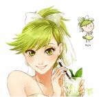  bangs bare_arms blush_stickers bow chibi cup dress drink dual_persona earrings food food_themed_clothes fruit glass green_eyes green_hair hair_bow holding jewelry leaf lime_(fruit) lips long_hair looking_at_viewer matching_hair/eyes meago mojito original personification ponytail portrait rough signature simple_background smile solo straw white_background 