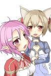  animal_ears blush bowtie brown_hair cat_ears dress freckles hair_ornament hairclip lisbeth lisbeth_(sao-alo) multiple_girls open_mouth pina_(sao) pink_hair pointy_ears purple_eyes red_eyes rindou_(faker&#039;s_manual) rindou_(faker's_manual) short_hair short_twintails silica silica_(sao-alo) sword_art_online twintails violet_eyes 
