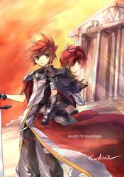  2girls absurdres aisha_(elsword) armor artist_name coat dual_persona elsword elsword_(character) fingerless_gloves gloves highres multiple_boys multiple_girls purple_hair red_eyes red_hair redhead short_hair sitting spiked_hair spiky_hair surcoat swd3e2 sword twintails weapon 