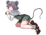  1girl animal_ears blush capelet dress grey_hair highres jewelry looking_at_viewer meiji_(charisma_serve) mouse_ears mouse_tail nazrin necklace red_eyes short_hair solo tail touhou 