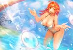  ahoge beach bikini breasts bubble cleavage feet_in_water front-tie_top hanging_breasts highres large_breasts leaning_forward long_hair open_mouth orange_eyes orange_hair original outstretched_arms palm_tree pointy_ears side-tie_bikini smile soaking_feet solo swimsuit tree wading water water_droplets white_bikini wink yaoya_musuko 
