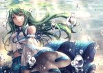  air_bubble arm_ribbon bangs bubble bubbles detached_sleeves frog_hair_ornament green_eyes green_hair hair_ornament kochiya_sanae long_hair long_sleeves midriff open_mouth ribbon shirt skirt solo tidsean touhou underwater water wide_sleeves 