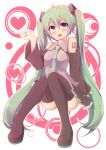 :d abekawa_mochi bare_shoulders black_legwear blue_eyes blush detached_sleeves green_hair hatsune_miku heart long_hair nail_polish necktie open_mouth outline smile solo thigh-highs thighhighs twintails very_long_hair vocaloid 
