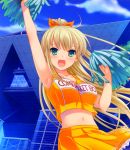  :d absurdres artist_request blonde_hair character_request cheerleader clothes_writing comiket copyright_request cropped green_eyes highres long_hair midriff nakajima_yuka navel open_mouth outdoors pom_poms ponytail smile solo tokyo_big_sight 