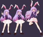  animal_ears bare_legs blouse blue_background bunny_ears closed_eyes crossed_arms highres kaoru_(gensou_yuugen-an) lavender_hair loafers long_hair looking_at_viewer necktie open_mouth outstretched_arm parody pointing pointing_up rabbit_ears red_eyes reisen_udongein_inaba shirt shoes simple_background socks standing_on_one_leg style_parody sweatdrop touhou very_long_hair vest 