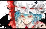  bat_wings blood blue_hair bust face frea hand_on_own_face hat letterboxed red_eyes remilia_scarlet short_hair smile solo touhou wings 