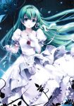  blue_eyes breasts cropped dress earrings flower gloves green_hair highres jewelry jpeg_artifacts kochiya_sanae long_hair miyase_mahiro necklace open_mouth pendant petals puffy_short_sleeves puffy_sleeves rose scan short_sleeves snake_hair_ornament solo tiara touhou vines white_dress 