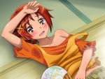  arm_up bare_shoulders blush casual fan hair_ornament hairclip hino_akane hot looking_at_viewer looking_up lying mameshiba maneshiba midriff navel off_shoulder on_back open_mouth orange_hair precure red_eyes red_hair short_hair smile smile_precure! strap_slip sweat sweat_stain sweating wet 